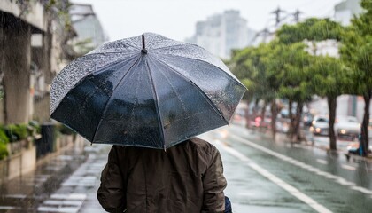 비 오는 거리에서 우산을 쓰고 혼자 걷는 사람의 뒷모습