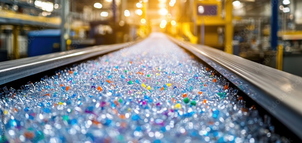 Aufkleber waste reduction techniques concept. a close-up view of colorful plastic pellets flowing along a conv