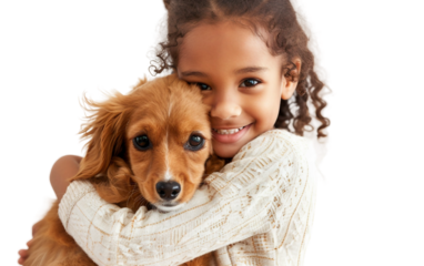 Child Hugging a Pet with Content Expression Isolated on Transparent Background PNG.
