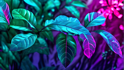 Obraz premium Gradient featuring vivid greens and magentas with futuristic leaf patterns.