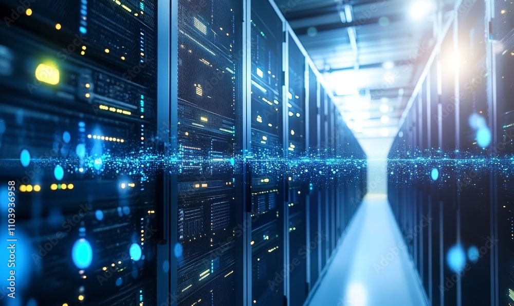 Poster advanced data center showcasing cloud computing technology and mobile network support equipment