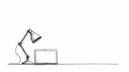 Lamp with laptop for online classes. A sketch shows a desk lamp and laptop on a surface, set against a plain background. The minimalist style emphasizes simplicity.