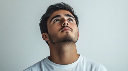 Obraz premium Young Man Looking Upward with Thoughtful Expression in Studio