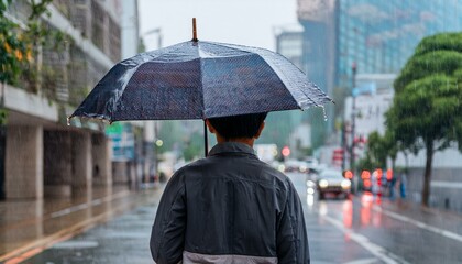 비 오는 거리에서 우산을 쓰고 혼자 걷는 사람의 뒷모습