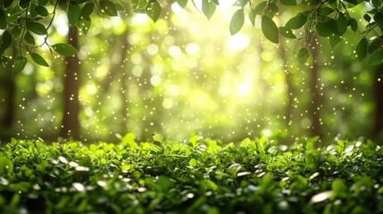 serene forest scene with vibrant green leaves and soft light filtering through, creating magical atmosphere with sparkling light dots