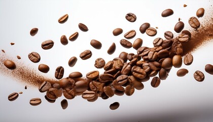 Flying roasted coffee beans against a clean white background, showcasing rich textures and perfect for coffee branding or creative visuals