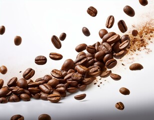 Obraz premium Flying roasted coffee beans against a clean white background, showcasing rich textures and perfect for coffee branding or creative visuals