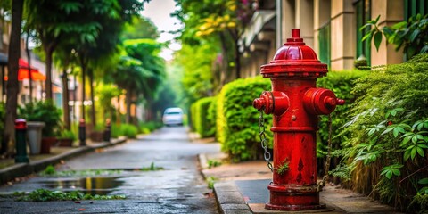 Vibrant Red Fire Hydrant in Thailand Surrounded by Lush Vegetation and Urban Elements, Captured with High Depth of Field for a Stunning Visual Experience
