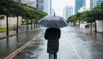 비 오는 거리에서 우산을 쓰고 혼자 걷는 사람의 뒷모습
