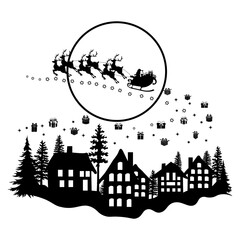 Santa Claus above the Sity, Hand Drawn Vector Illustration