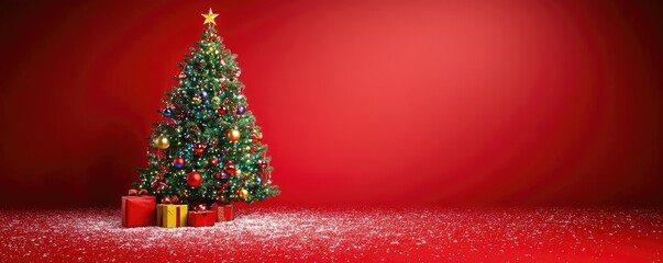 A Christmas tree surrounded by neatly wrapped gifts stands against a bold red background, ideal for Christmas banners, holiday greeting cards, festive promotions