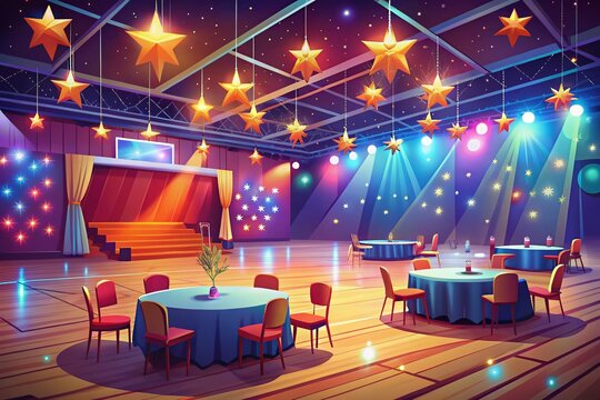 Vibrant School Gym Interior Decorated for Prom Night with Festive Illumination, Tables, and Stroboscopes, Creating a Fun Atmosphere for Celebration in a Sports Arena