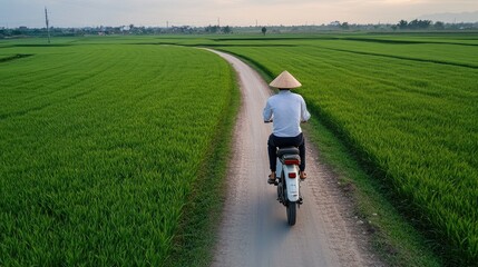 A person is riding a motorcycle on a dirt road surrounded by expansive, vibrant rice fields under a colorful sky at sunset. The serene atmosphere enhances the rural scenery