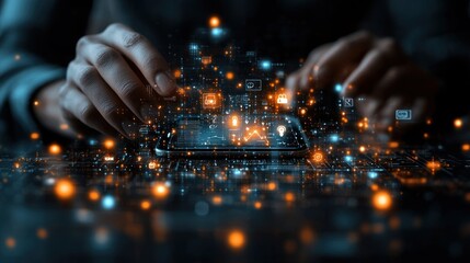 Hands interact with glowing digital icons emanating from a smartphone on a circuit board.