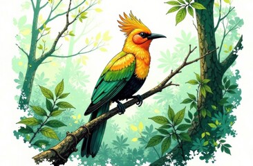 Obraz premium A vibrant bird with a striking orange and green plumage rests on a branch amidst lush foliage in a bright forest setting. Generative AI
