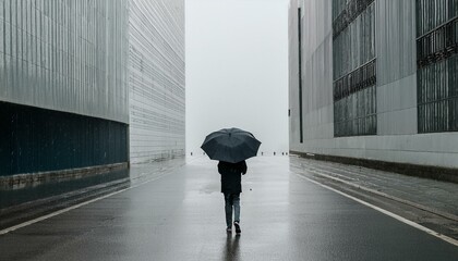 비 오는 거리에서 우산을 쓰고 혼자 걷는 사람의 뒷모습