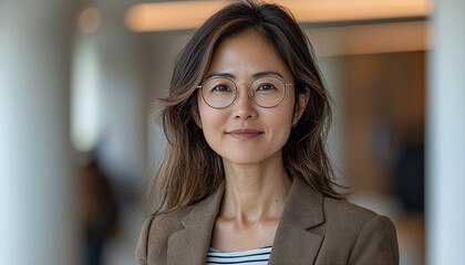 Fototapeta premium Confident businesswoman smiling in office, looking at camera generated by AI