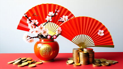 Chinese New Year arrangement featuring oranges, cherry blossoms, gold coins, and a red fan to symbolize prosperity and good fortune.