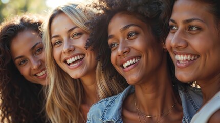 Fototapeta premium A close portrait of young friends of different ethnicities enjoying together.