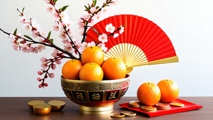 Chinese New Year arrangement featuring oranges, cherry blossoms, gold coins, and a red fan to symbolize prosperity and good fortune.