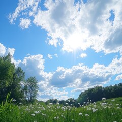 Obraz premium Sunny day, blue sky, fluffy clouds over green field with wildflowers.