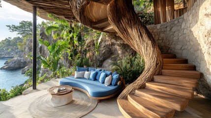 Coastal luxury lounge with curved wooden staircase and ocean view.