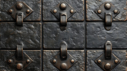 textured surface featuring dark metal panels with decorative fasteners, creating grunge aesthetic. intricate details evoke sense of vintage craftsmanship and industrial design