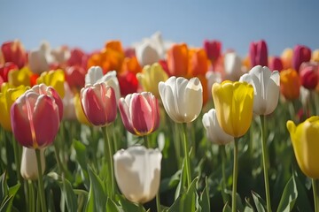 Obraz premium tulip field with colorful tulips and vibrant flowers in a spring landscape featuring red, yellow, and pink tulips