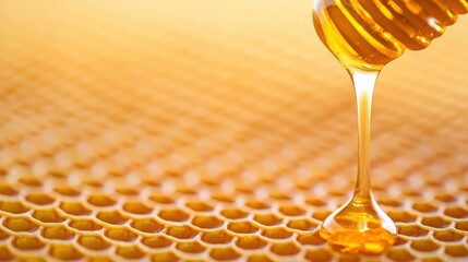 Macro shot of golden honeycomb dripping with honey, symbolizing natural sweeteners and nutrients
