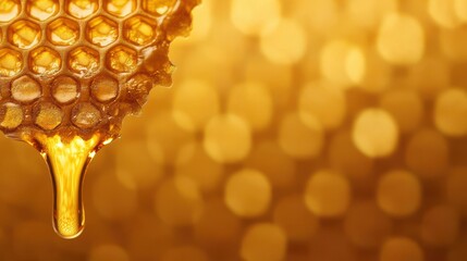 Macro shot of golden honeycomb dripping with honey, symbolizing natural sweeteners and nutrients