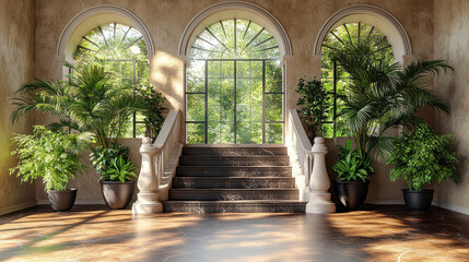 Fototapeta premium bright interior with large arched windows, lush plants, and elegant stairs creates serene atmosphere. natural light enhances beauty of space