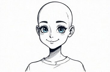 A cheerful bald character is depicted with large blue eyes and a friendly smile, wearing a basic shirt in a minimalist style. Generative AI