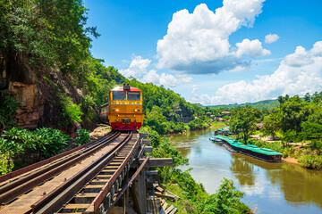 The Death Railway in Thailand,Trains running on death railways track crossing kwai river in kanchanaburi thailand this railways important