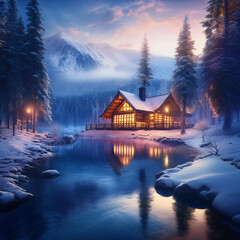 Fototapeta premium Cozy Winter Cabin by the Lake at Twilight