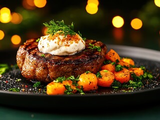 Delicious steak dinner with carrots and cream fine dining restaurant culinary delight cozy atmosphere close-up view gourmet experience