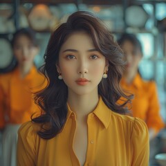 Women in bright colors showcase elegance and teamwork in a modern Chinese workplace setting