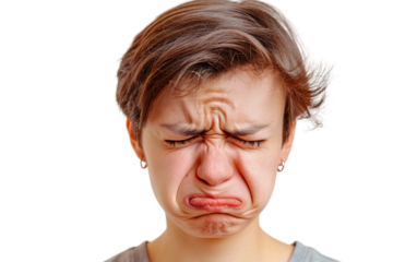 Person Exhibiting a Melancholic Look and Downturned Eyes Isolated on Transparent Background PNG.