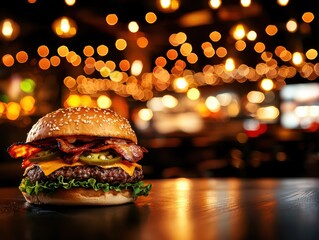 Gourmet burger delight cozy diner food photography warm atmosphere close-up culinary experience