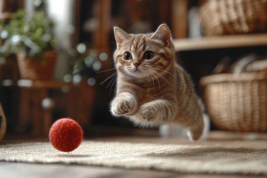lively cat captures moment mid leap focusing intently bright red ball charming indoor environment warm decor and soft lighting exuding playful spirit.