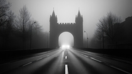Obraz premium foggy scene featuring silhouette of castle like structure with road leading towards it, creating mysterious atmosphere