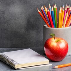 A colorful arrangement of pencils in a pot, an apple, and a notebook on a textured surface, evoking a creative learning environment.