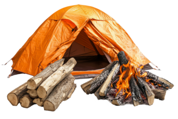 Orange tent, burning campfire, stacked firewood, outdoor adventure, camping essentials, cozy wilderness scene Isolated on white background or PNG