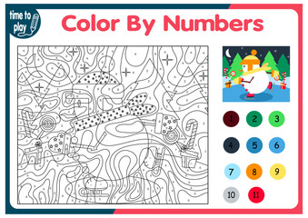 Fototapeta premium children's educational tasks, games. puzzle. coloring by numbers. Christmas tree. Christmas balls. penguin. deer. 