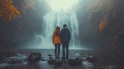 Obraz premium Waterfall Wonder Cascading waterfall Natural light reflections Bright greens and whites Mist from waterfall Bridge, floral crown Rushing water, rocky textures Couple standing near mist Spring