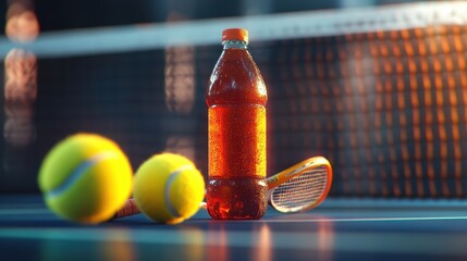 bottle of energy drinks and tennis balls is on tennis court