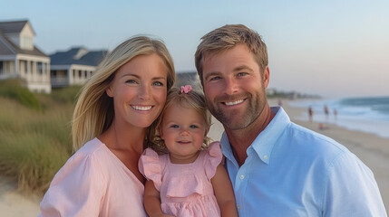 Fototapeta premium Happy family enjoying beach day, smiling together with their child. warm sunset creates joyful atmosphere, perfect for capturing cherished memories