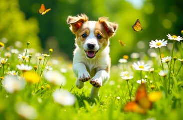 A playful puppy leaps among vibrant flowers, chasing butterflies in a lush green meadow on a sunny day