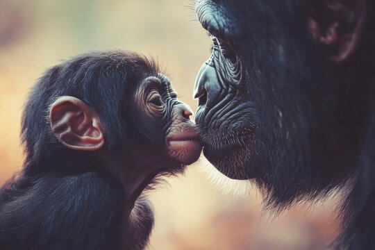 a black monkey kisses his cub. The concept of animal love.