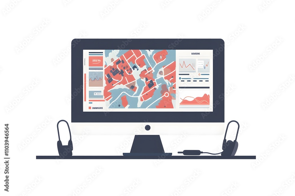 Aufkleber Sleek Computer Monitor Displaying Interactive City Map with Data Visualization Elements for Urban Planning and Analysis