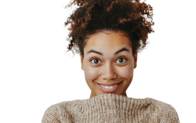 Individual Displaying a Shy Smile and Downturned Gaze Isolated on Transparent Background PNG.